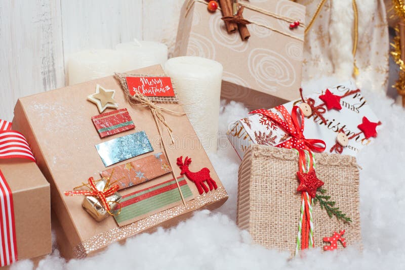 Christmas gifts near tree stock image. Image of pile 84437331