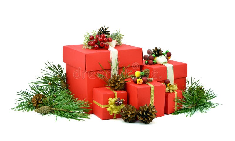 Christmas gifts in red boxes. Pine branches with cones. Isolation. stock photos Christmas gifts in red boxes. Pine branches with cones. Isolation. stock photos