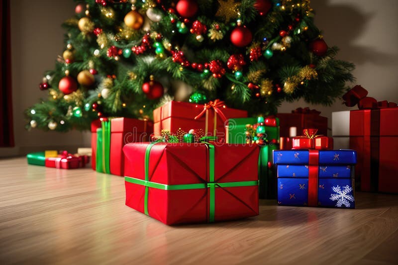 Christmas gifts under Christmas tree, vibrant color stock illustration