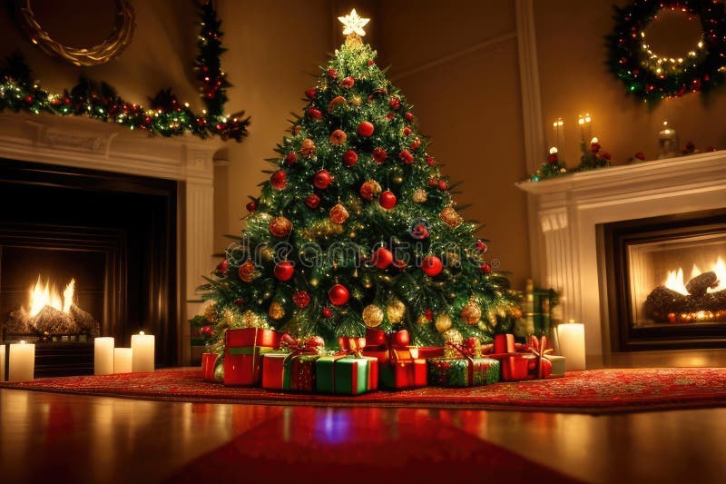 Christmas gifts under Christmas tree, vibrant color royalty free illustration