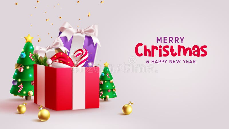 Christmas gifts vector design. Merry christmas and happy new year greeting text with gift boxes