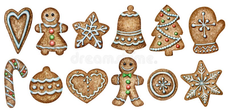 Christmas gingerbread cookies set, mitten heart bell winter holiday sweet food. Watercolor illustration isolated on