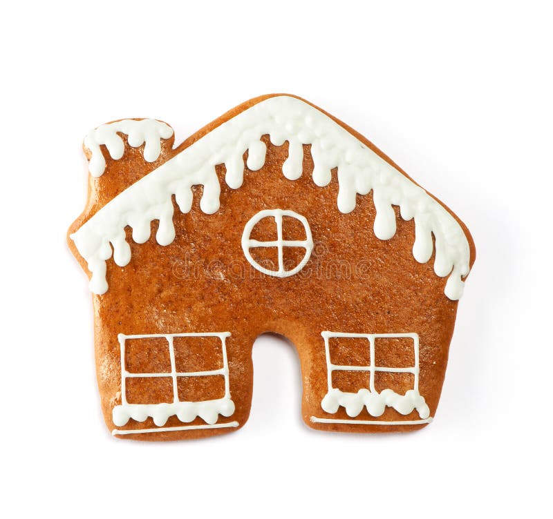 Gingerbread House with Gingerbread Man and Christmas Trees Stock Photo