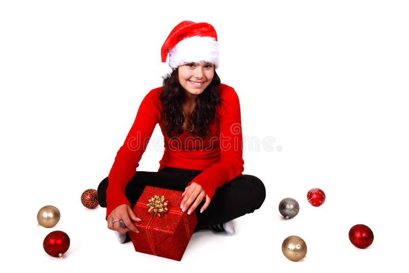 Christmas girl with hat and Christmas bulbs