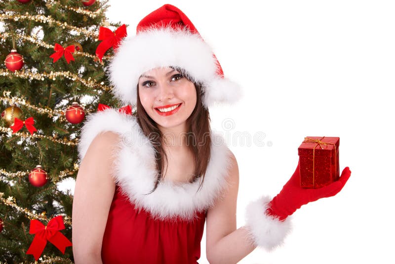 Christmas girl in santa hat with small gift box. stock photo Christmas girl in santa hat with small gift box. stock photo