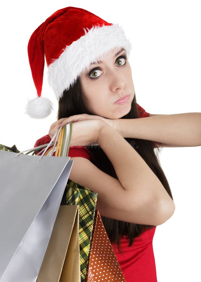 Christmas Girl with Shopping Bags Pouting Stock Image - Image of gift ...