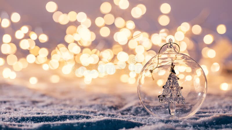 Christmas glass ball with tree in it on winter background.