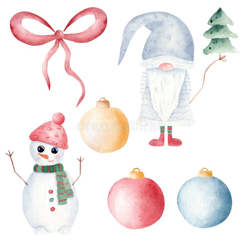 Christmas gnome, snowman, tree and balls watercolor clipart. Hand painted illustration. Printable Xmas decoration. Graphics for invitations, signs, greeting cards.