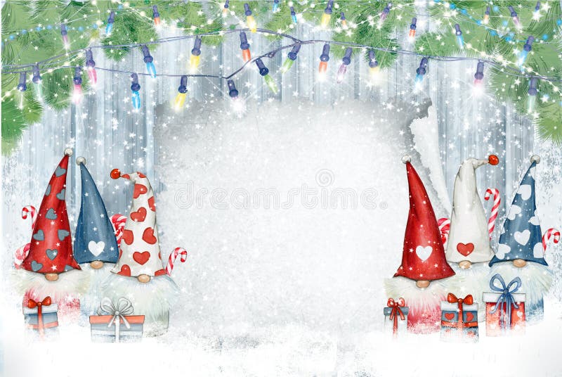 Christmas  gnomes cartoons, greeting card for winter holidays. Merry Christmas greeting card