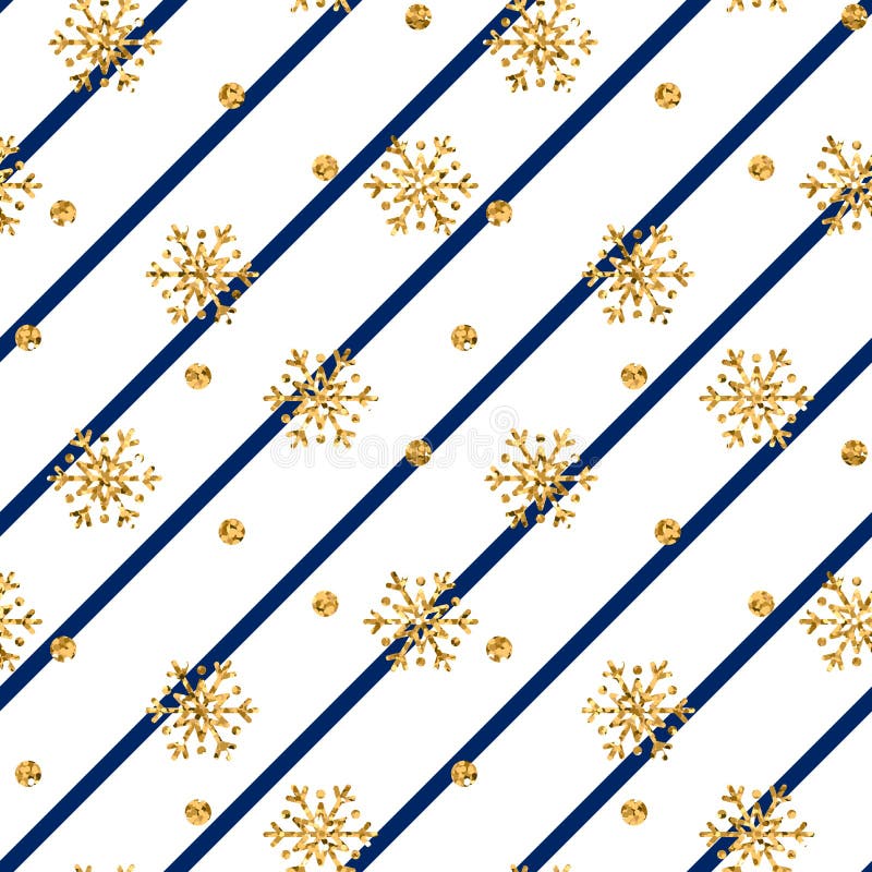 Christmas gold snowflake seamless pattern. Golden snowflakes on blue and white diagonal lines background. Winter snow