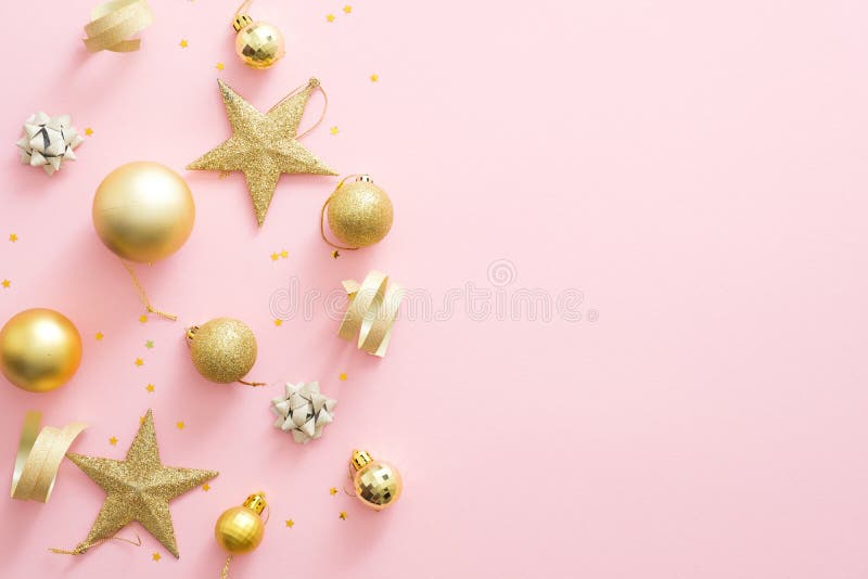 Christmas Golden Decorations on Pastel Pink Background with Copy Space.  Glitter Baubles, Stars, Confetti. Flat Lay, Top View Stock Image - Image of  festive, modern: 157704087