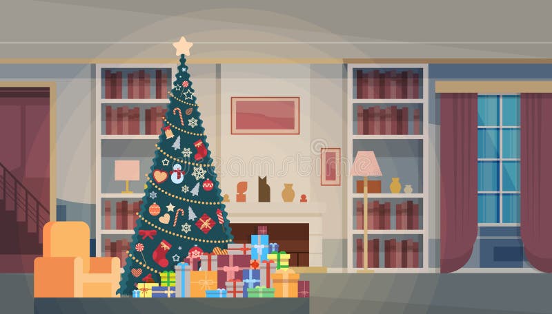 Christmas Green Tree With Gift Box House Interior Decoration Happy New Year Banner royalty free illustration Christmas Green Tree With Gift Box House Interior Decoration Happy New Year Banner royalty free illustration