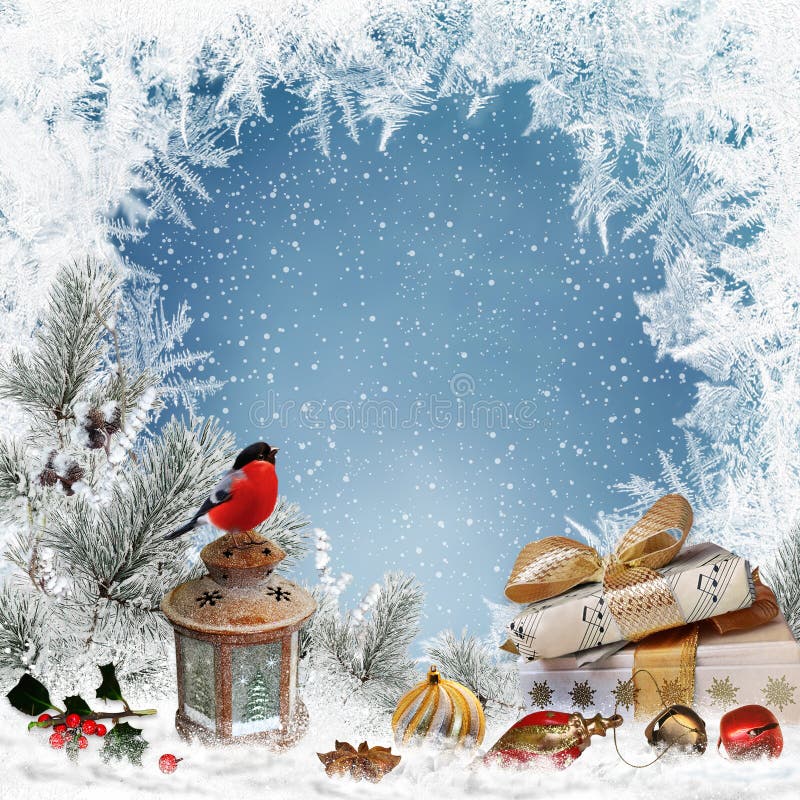 Winter Background with a Snowman and Christmas Trees Stock Illustration ...