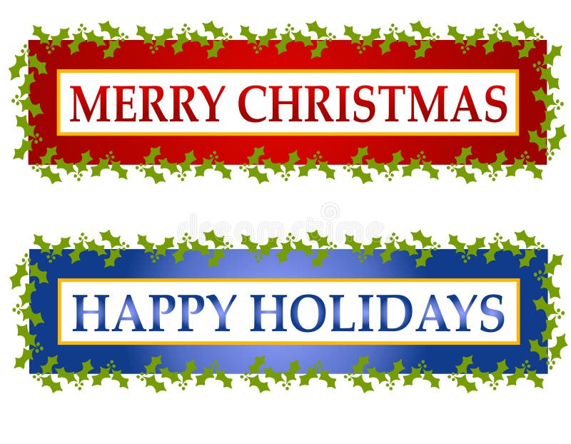 A clip art illustration of your choice of 2 Christmas themed banners, logos or labels decorated with holly leaves - your choice of Merry Christmas or Happy Holidays. A clip art illustration of your choice of 2 Christmas themed banners, logos or labels decorated with holly leaves - your choice of Merry Christmas or Happy Holidays