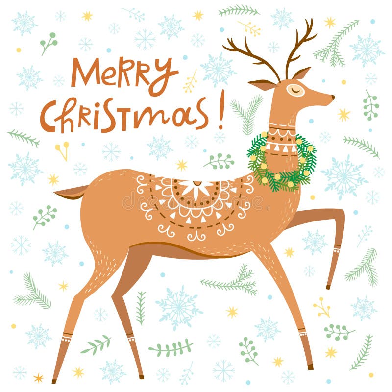 Vector Christmas Greeting Card with Deer Stock Vector - Illustration of ...