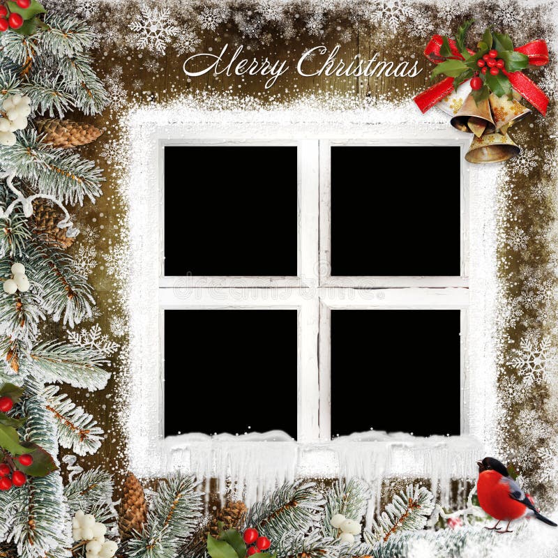 Frames in the form of windows, pine branches, berries, Christmas bells, Bullfinch on a snowy wooden background. Frames in the form of windows, pine branches, berries, Christmas bells, Bullfinch on a snowy wooden background