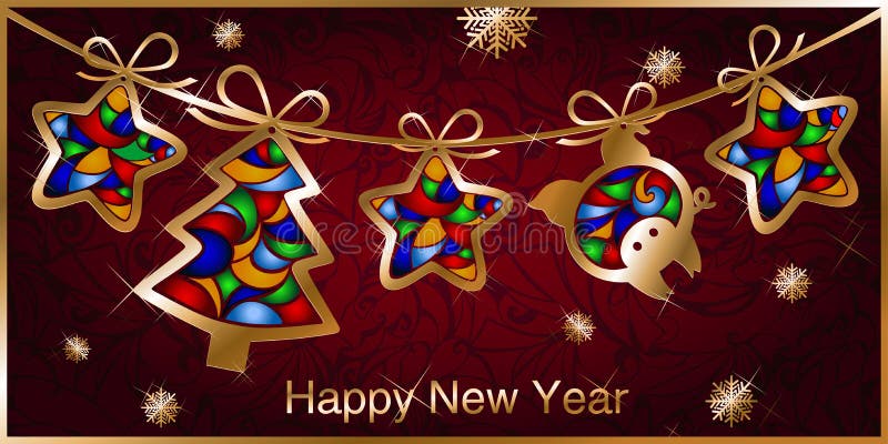 Christmas greeting card with garland, Golden figures of Christmas trees, stars and pigs royalty free illustration Christmas greeting card with garland, Golden figures of Christmas trees, stars and pigs royalty free illustration