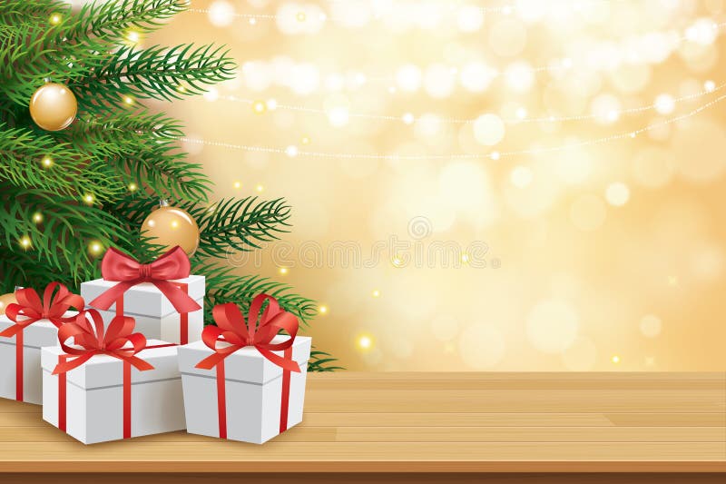 Christmas greeting card with gifts boxes on wooden table and tree bokeh background. Xmas and happy new year vector illustration Christmas greeting card with gifts boxes on wooden table and tree bokeh background. Xmas and happy new year vector illustration
