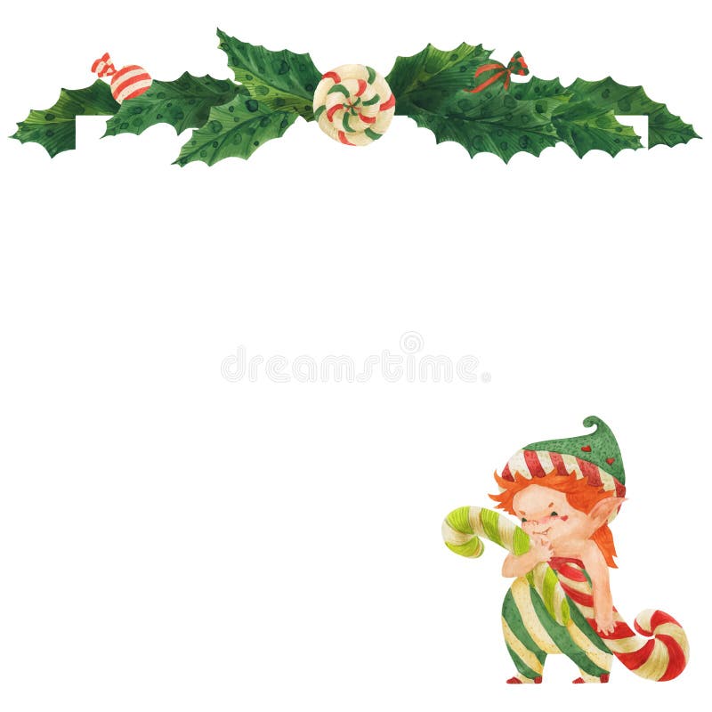 Christmas greeting card with holly and elf wih candy canes, traced watercolor