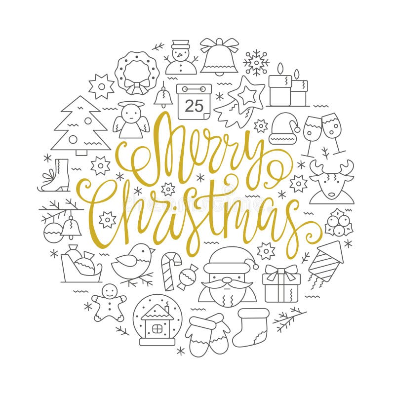 Christmas greeting card with line icons elements and hand lettering. Vector illustration for invitation and celebration.