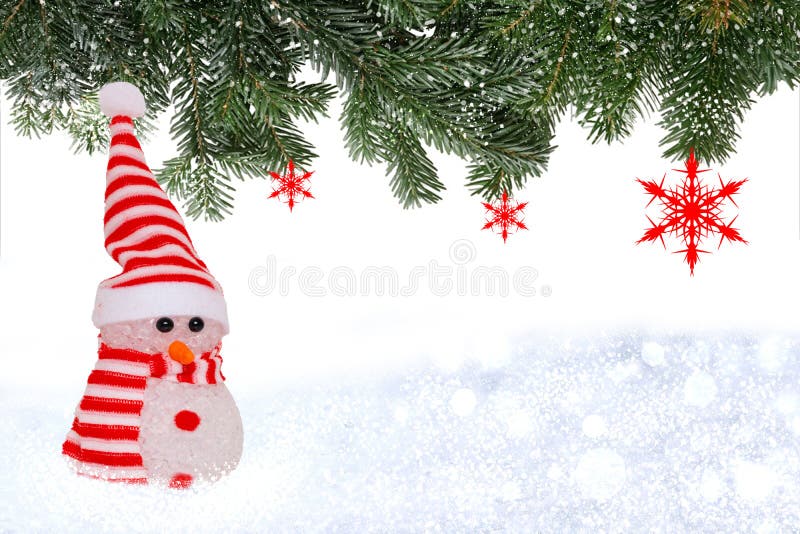Christmas greeting card template. Christmas background with snowman in winter landscape and a border of fir branches with red stock photos Christmas greeting card template. Christmas background with snowman in winter landscape and a border of fir branches with red stock photos