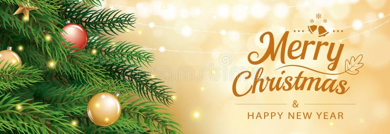 Christmas greeting card with tree and gold blur bokeh lights background. Xmas and happy new year. Vector illustration for vector illustration
