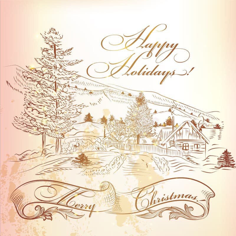 Christmas greeting card in vintage style with hand drawn landscape