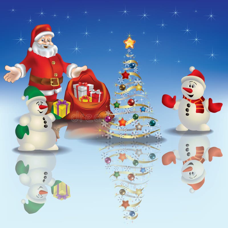 Christmas greeting with Santa Claus and snowmen