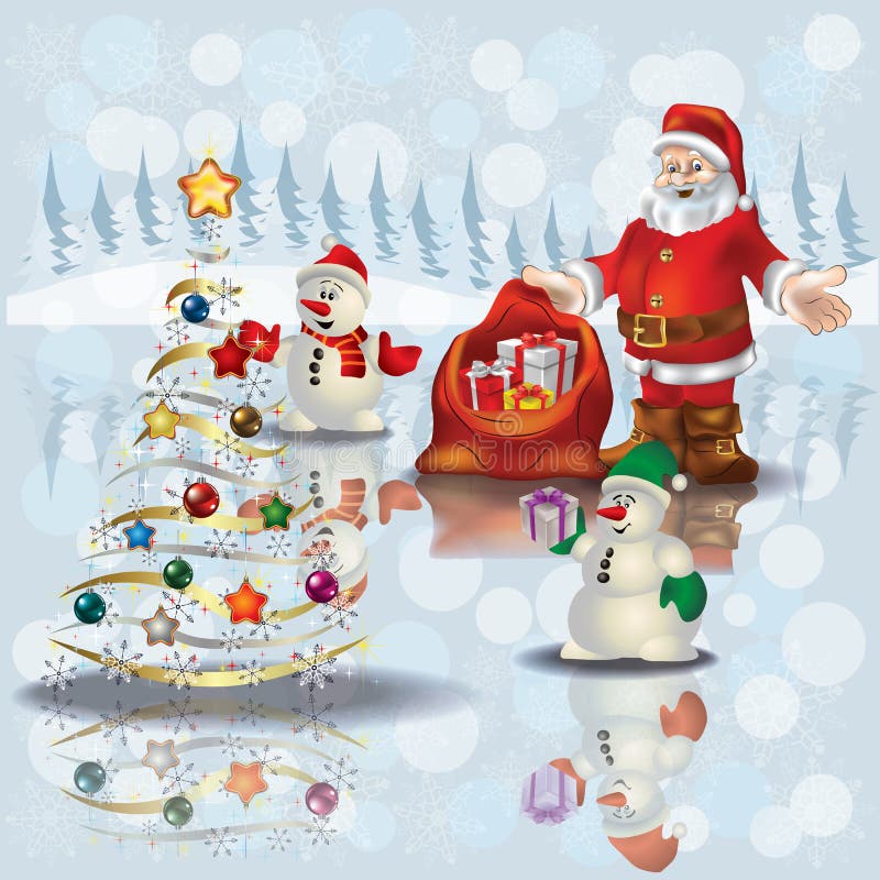Christmas greeting with snowmen and Santa Claus