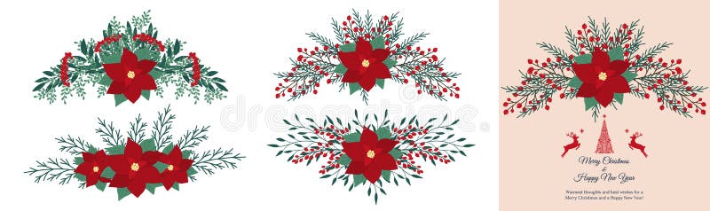 Christmas hand drawn arrangement with poinsettia, berries and leaves. Winter floral cozy elements. Happy New Year floral vector royalty free illustration