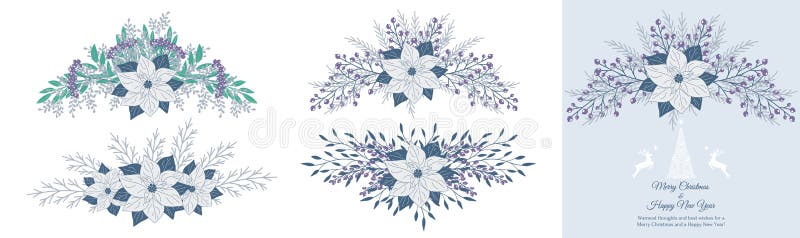 Christmas hand drawn arrangement with poinsettia, berries and leaves. Winter floral cozy elements. Happy New Year floral vector royalty free illustration