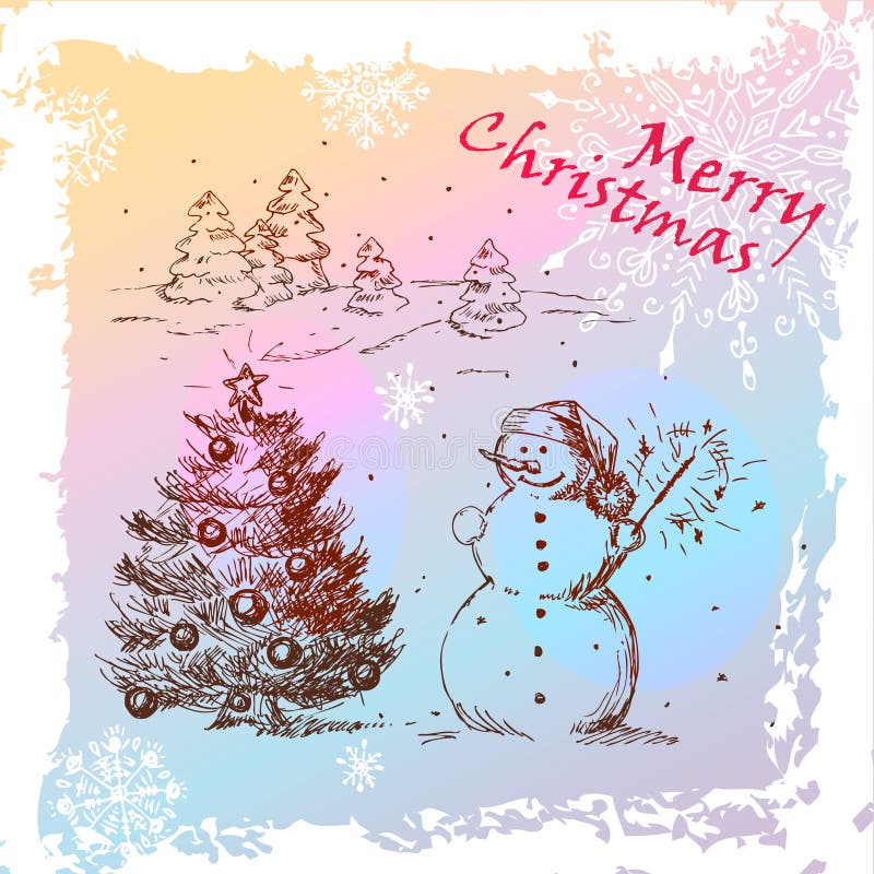 Christmas Hand Drawn Illustration With Snowman And Christmas Tree, for xmas design. Vector Eps 10. Christmas Hand Drawn Illustration With Snowman And Christmas Tree, for xmas design. Vector Eps 10.