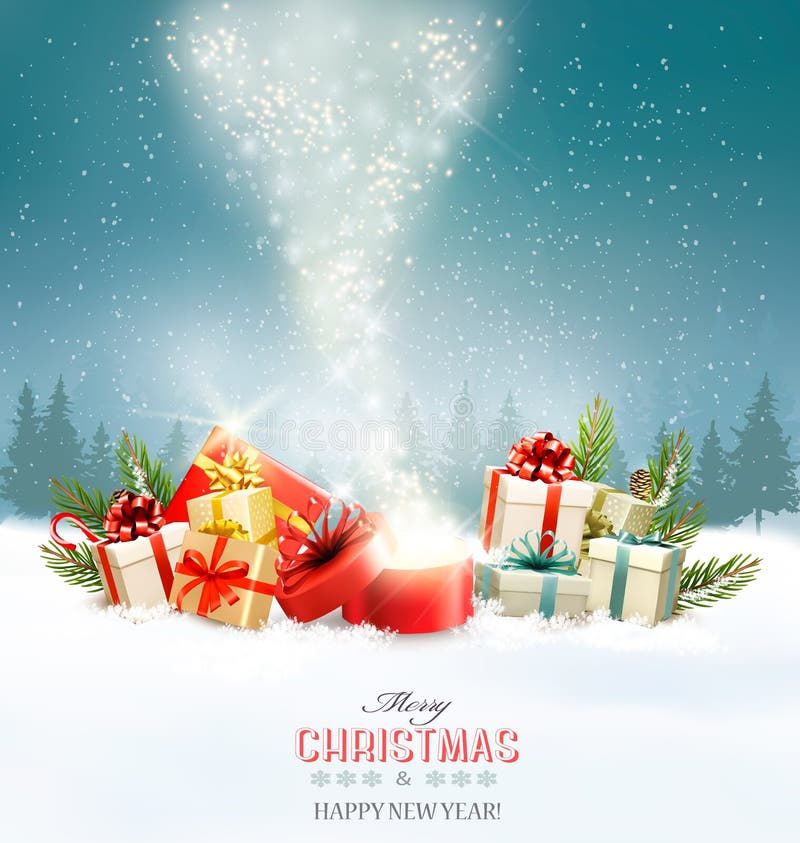 Christmas holiday background with presents and magic box.