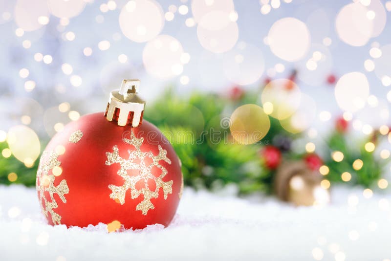 Christmas Background with Bauble, Snow and Stock Image - Image of ...