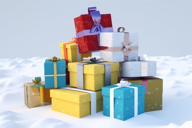 Christmas Holiday Box with a Ribbon in a Snowdrift, White Background