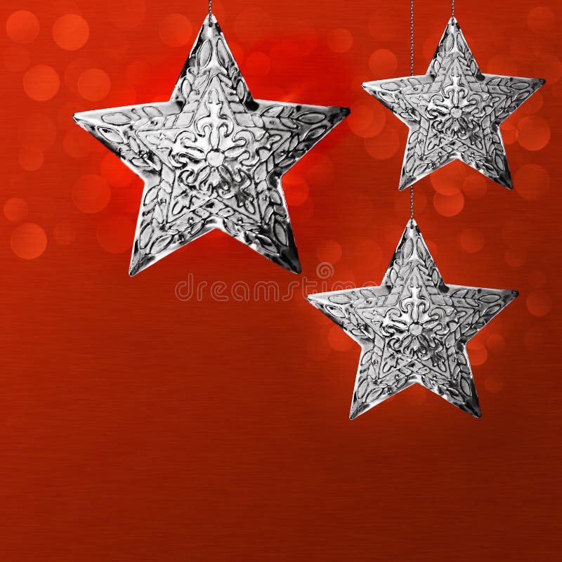 Elegante Vacanze di Natale di Carta di Disegno Con Sfondo Rosso Argento Grigio North Star Ornamenti Fiocco di neve E l'Area di Testo Con Metallo Spazzolato LED Bokeh Luci.