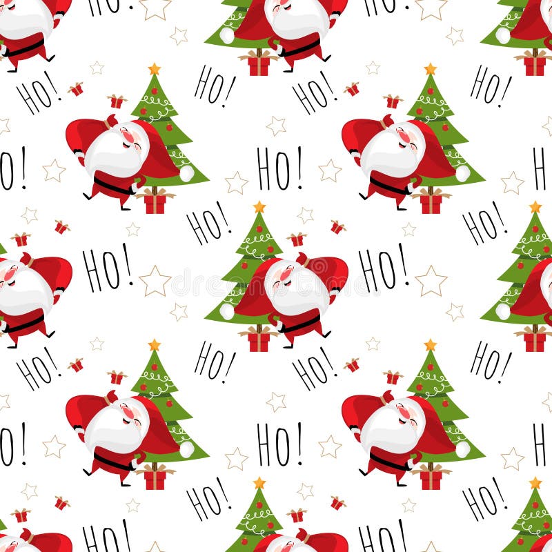 Christmas holiday season seamless pattern with Santa Claus with Christmas tree, gift box, star and red bag seamless pattern.