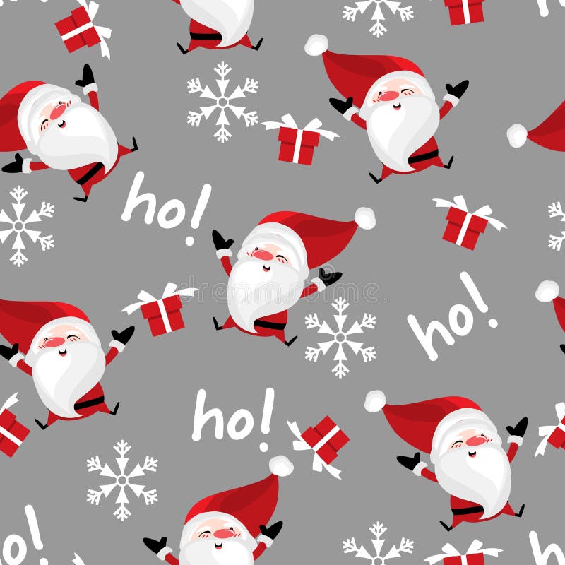 Christmas holiday season seamless pattern with Santa Claus with gift box, snowflakes, gift box and ho text.