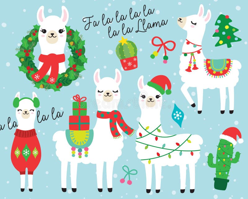 Cute llama and alpaca with Christmas holidays theme vector illustration. Llama wearing Santa hat and sweater, carrying Christmas gifts. Llama with Christmas wreath and light. Cactus with Santa hat. Cute llama and alpaca with Christmas holidays theme vector illustration. Llama wearing Santa hat and sweater, carrying Christmas gifts. Llama with Christmas wreath and light. Cactus with Santa hat.