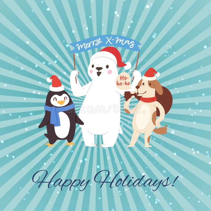 Christmas holidays party funny companion cartoon forest animals, dog, penguin and polar bear vector illustration.