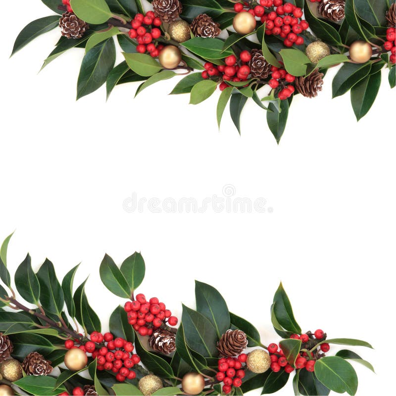 Christmas background border decoration with holly, baubles and pine cones over white background. Christmas background border decoration with holly, baubles and pine cones over white background.