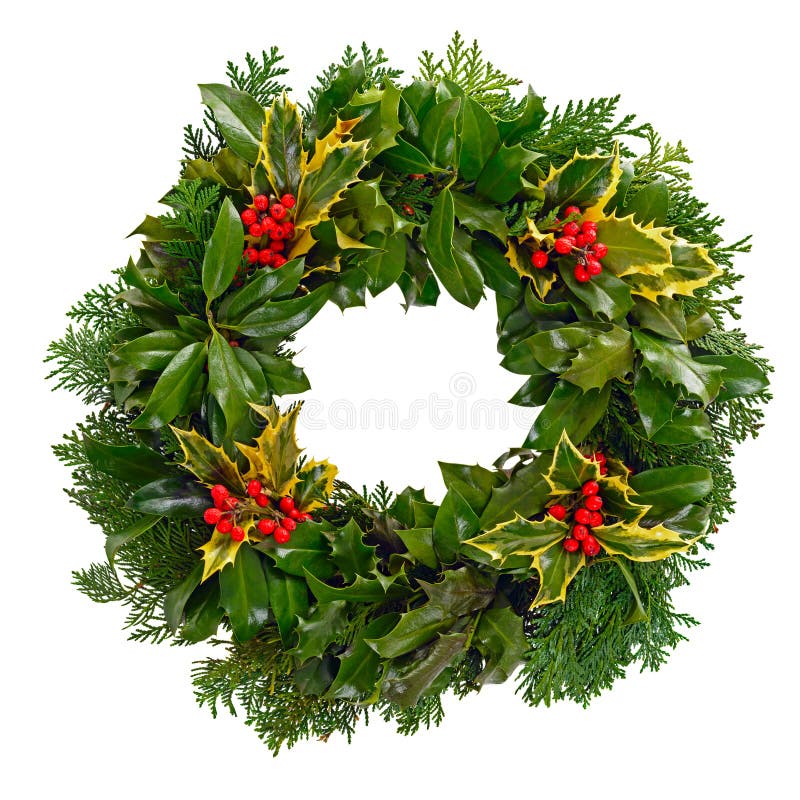 Christmas holly wreath isolated on a white background.