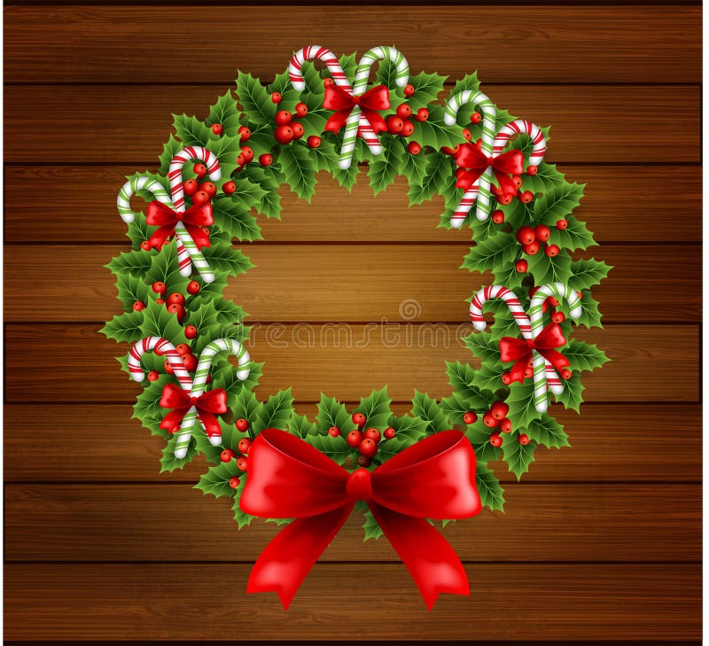 Christmas Holly Wreath in Wood Background Stock Vector Illustration