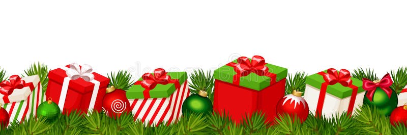 Christmas horizontal seamless background with red and green gift boxes. Vector illustration.