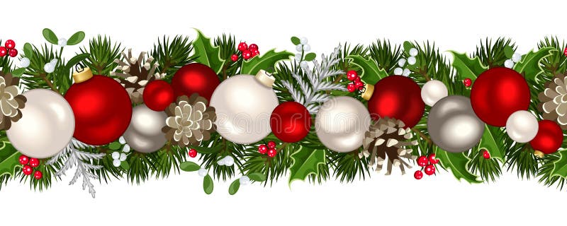 Vector Natale orizzontale seamless sfondo con rami d'abete, rosso e argento, sfere, coni, l'agrifoglio e il vischio.