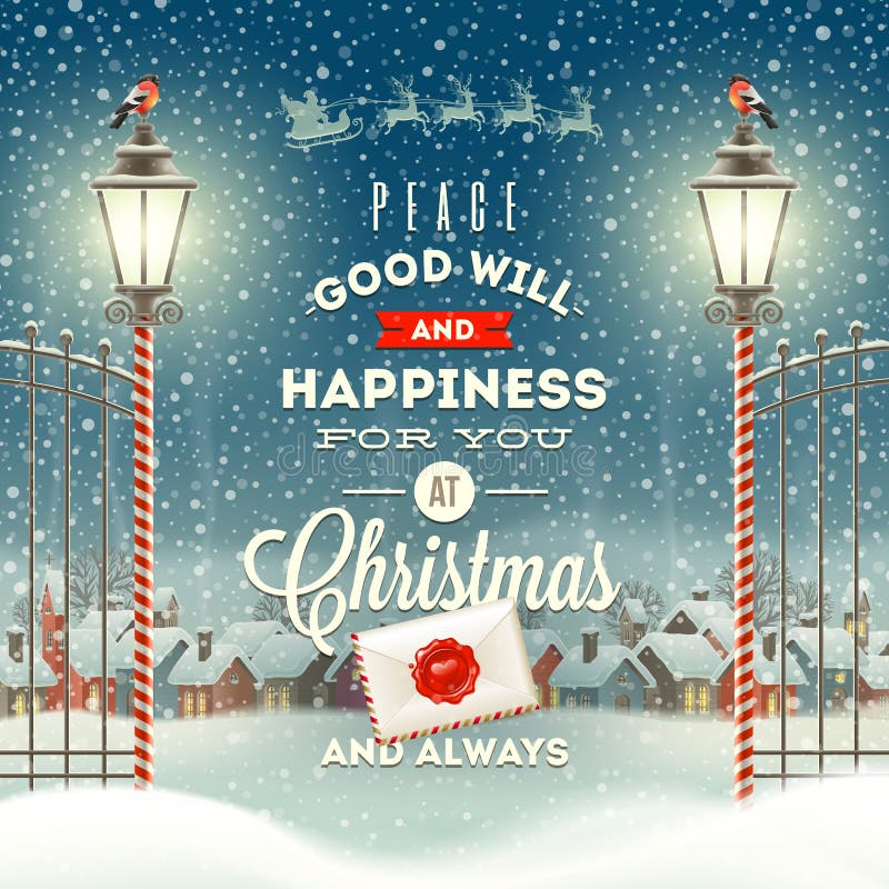 Christmas greeting type design with vintage street lantern against a evening rural winter landscape - holidays illustration. Christmas greeting type design with vintage street lantern against a evening rural winter landscape - holidays illustration