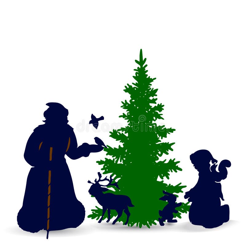 Christmas illustration, Santa Claus with animals in the forest, silhouette on white background, royalty free illustration Christmas illustration, Santa Claus with animals in the forest, silhouette on white background, royalty free illustration