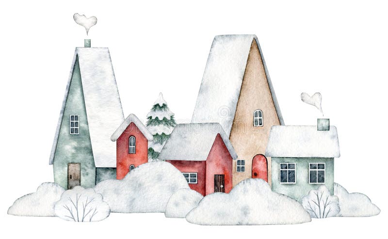 Christmas illustration snowy street with cute houses with doors, windows, chimney, with snow on the roof and spruce tree