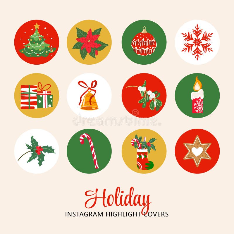 Christmas instagram set of highlights story icons. Flat vector style with decorative symbols of winter holidays