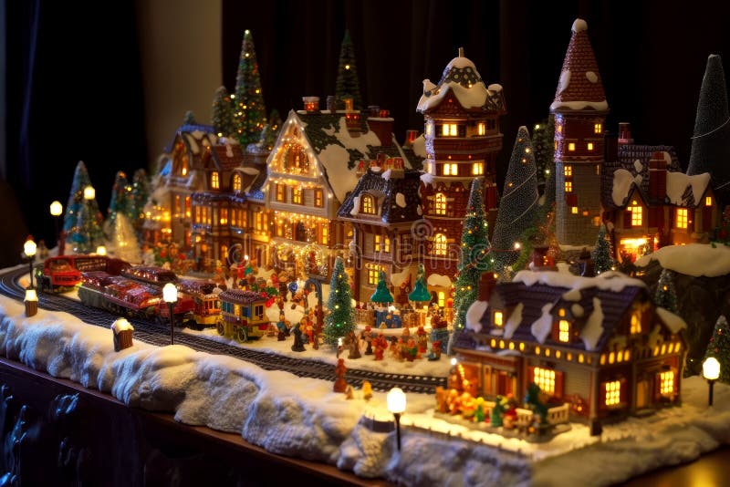 Christmas installation of a miniature festive town with railway and lights. Created with Generative AI vector illustration
